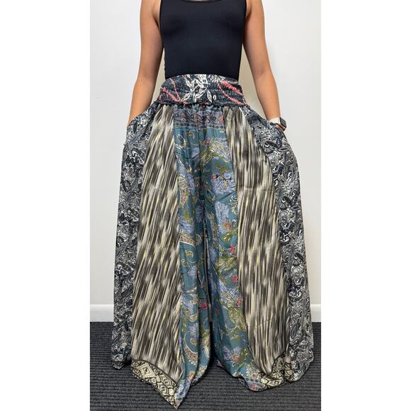 Mixed-print wide-leg trousers- One Size 100% Silk - Picture 1 of 5